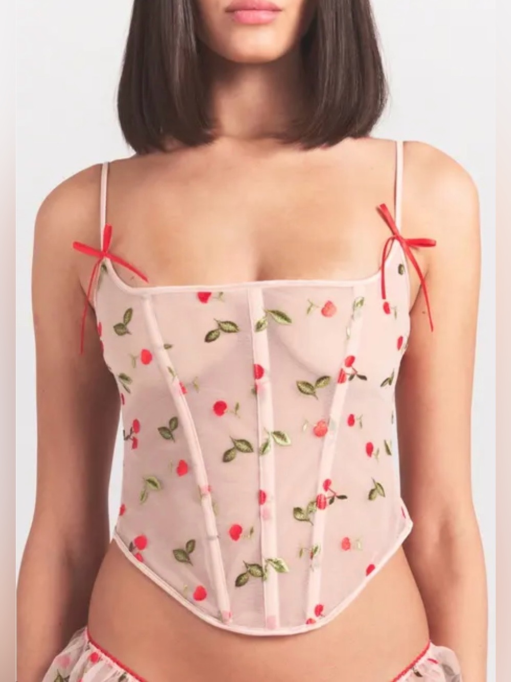 SKIMS Pink Sheer Cherry-Embroidered Corset Camisole